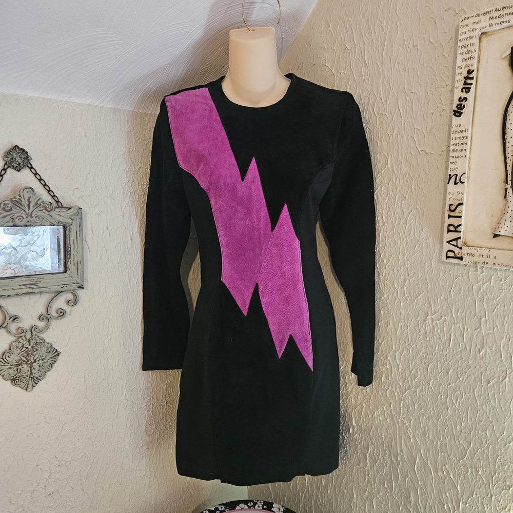 Wilsons Leather Black And Pink Suede Vinatge Rocker Mini Dress